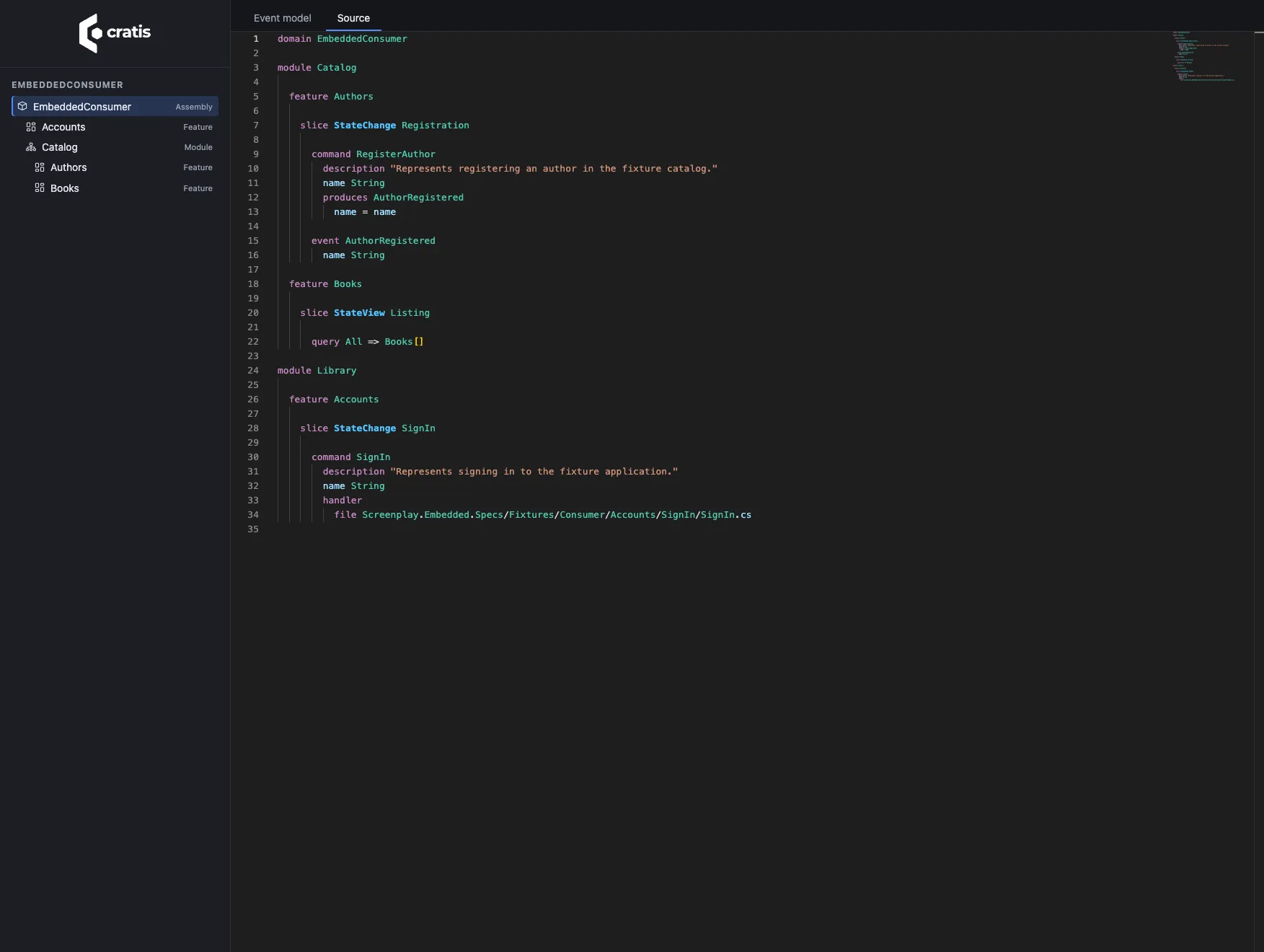 Source tab showing the generated Screenplay with syntax highlighting