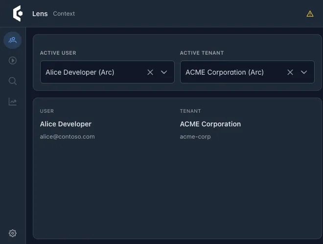 Lens Context tab showing the active user, Alice Developer, and the active tenant, ACME Corporation