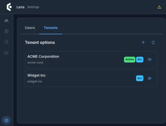 Lens Settings tab, Tenants pane, listing ACME Corporation and Widget Inc, each tagged Arc