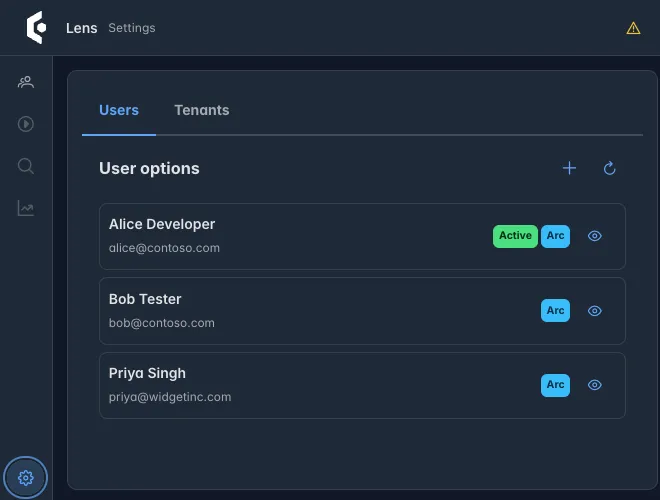 Lens Settings tab, Users pane, listing Alice Developer, Bob Tester and Priya Singh, each tagged Arc