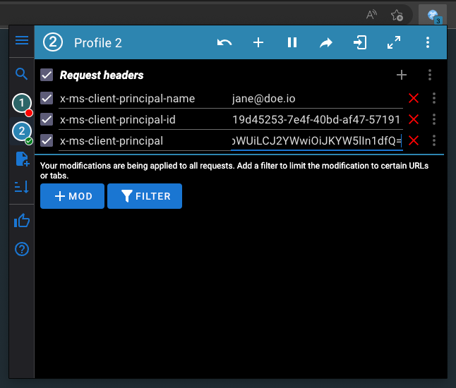 ModHeader configuration for Microsoft Identity